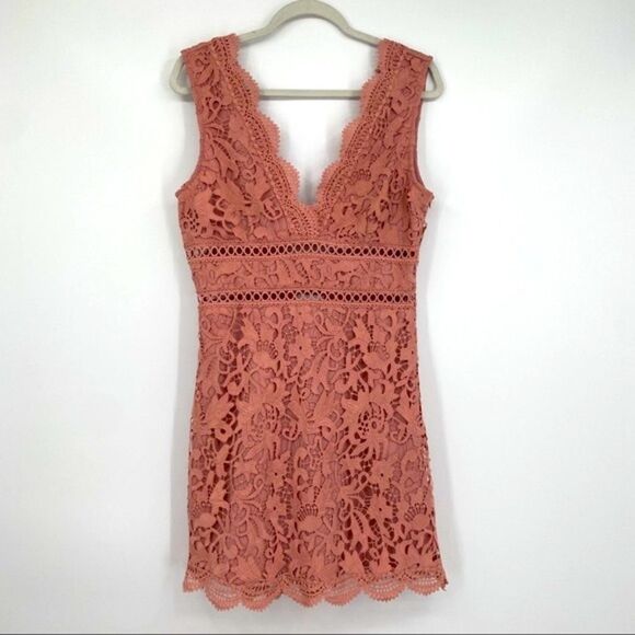 J.O.A. Lace Floral Cutout Open V-neckline Scallop Hem Mini Dress - Picture 1 of 13